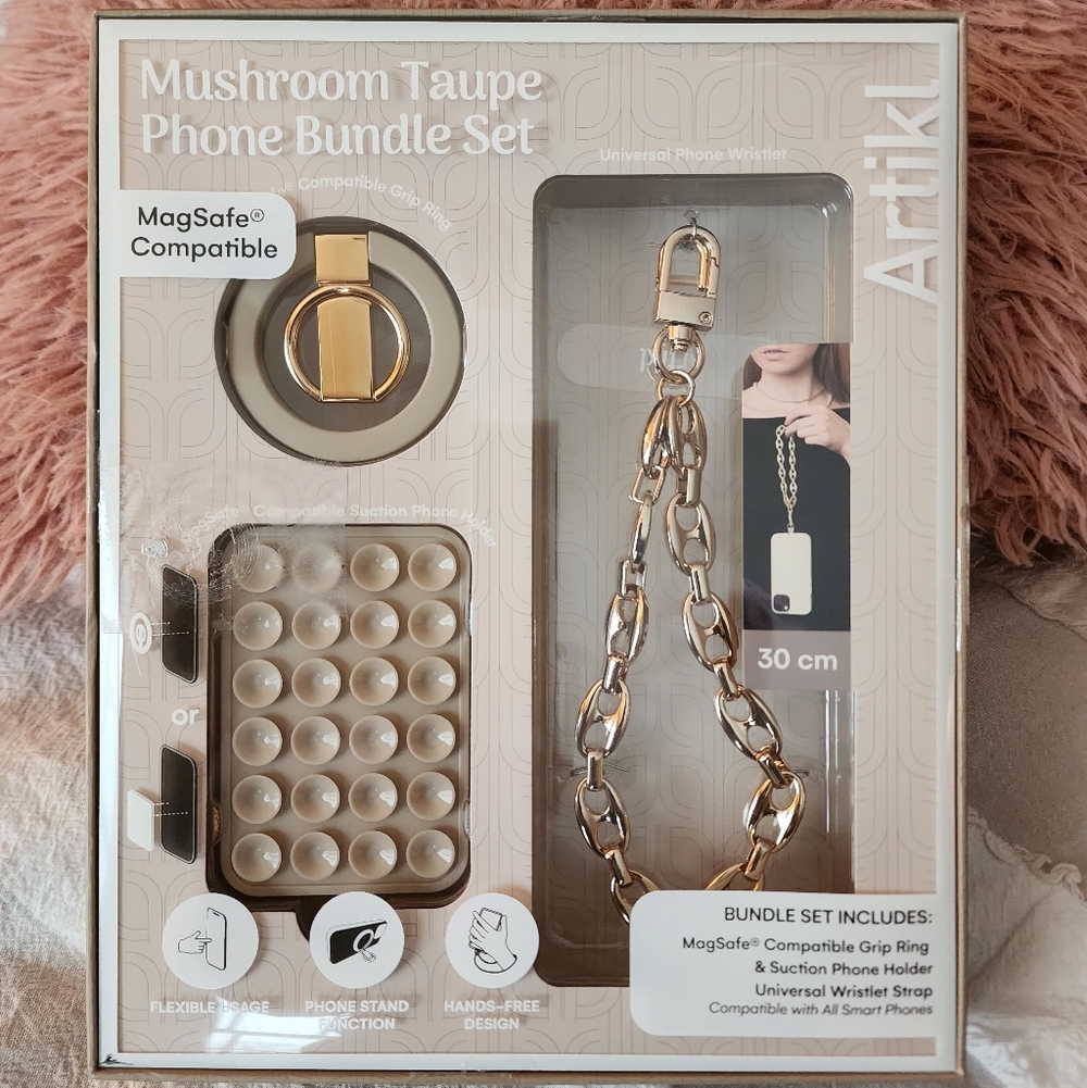 Mushroom Taupe Phone Accessory Set with Gold Accents